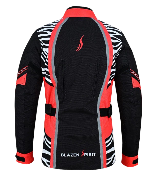Blazen Spirit Signature  "Zara" Textile All Weather Jacket Red Black White Zebra Print (Lady Rider, Stylish Motorcycle Jacket)