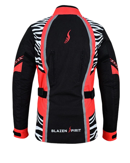 Blazen Spirit Signature  "Zara" Textile All Weather Jacket Red Black White Zebra Print (Lady Rider, Stylish Motorcycle Jacket)