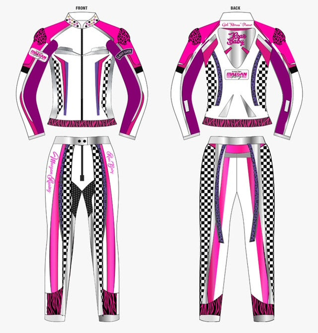 Custom SUPER Moto Lady Racer Suit in Premium leather, up to 3 colors, 2 patterns, 4 patches, and 10 bling rhinestones
