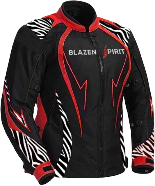 Blazen Spirit Signature  "Zara" Textile All Weather Jacket Red Black White Zebra Print (Lady Rider, Stylish Motorcycle Jacket)