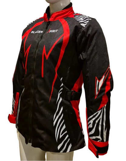 Blazen Spirit Signature  "Zara" Textile All Weather Jacket Red Black White Zebra Print (Lady Rider, Stylish Motorcycle Jacket)