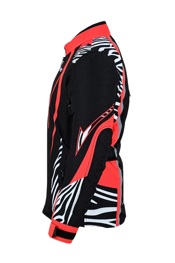 Blazen Spirit Signature  "Zara" Textile All Weather Jacket Red Black White Zebra Print (Lady Rider, Stylish Motorcycle Jacket)