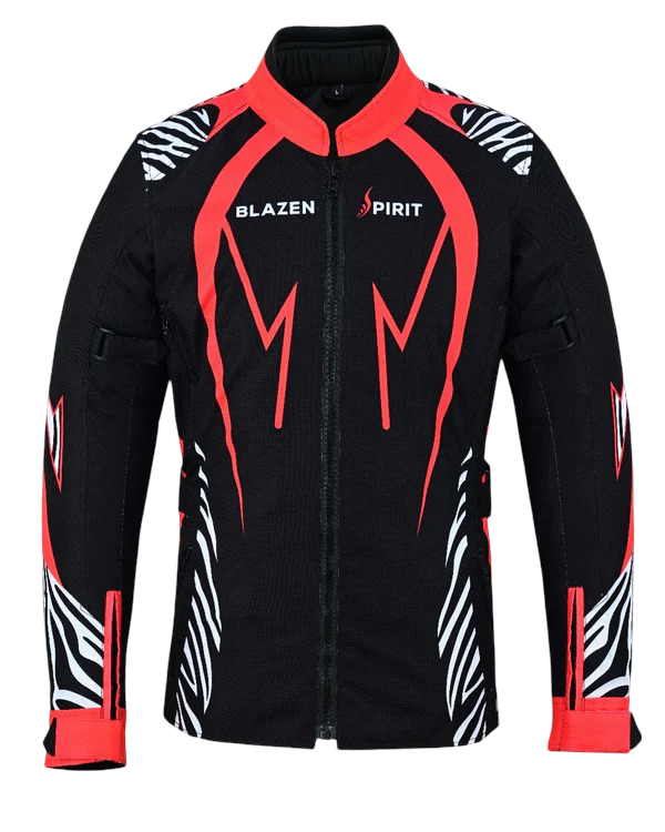 Blazen Spirit Signature  "Zara" Textile All Weather Jacket Red Black White Zebra Print (Lady Rider, Stylish Motorcycle Jacket)
