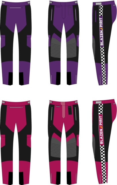 Gorgeous protective riding pants for the lady rider who LOVES the colors, red, pink and purple.  Side detailing is HYPING our Blazen Spirit brand and we just LOVE this set!