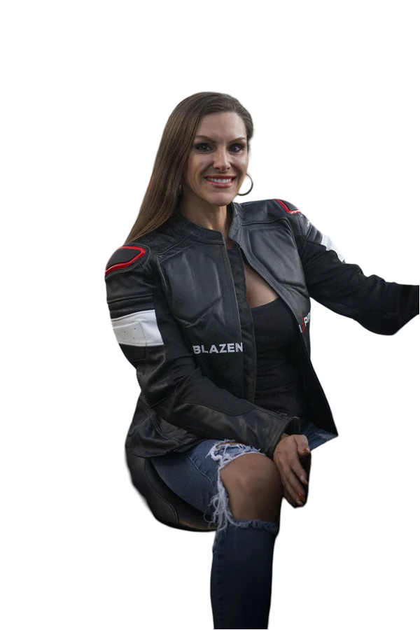 SUPER Moto Lady Racer  Suit in Premium Black leather, Red and white accents.