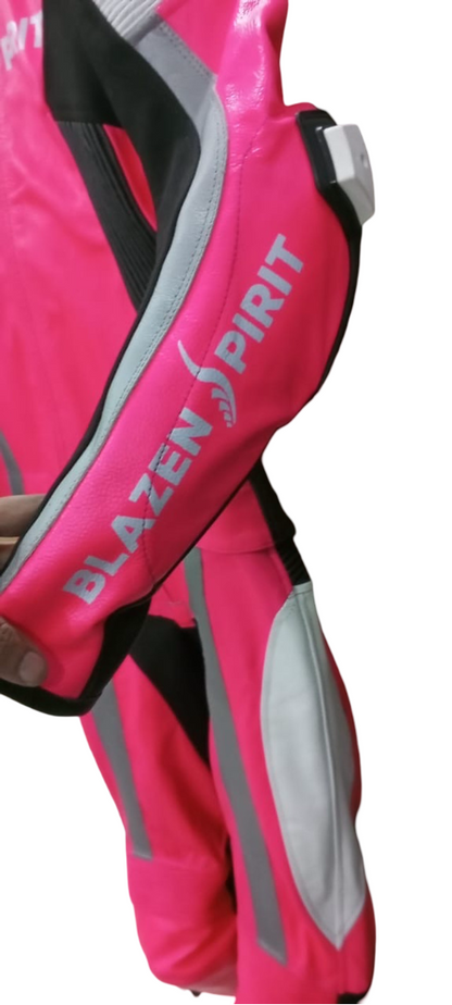 Clearance SUPER Moto Malibu Vibes Lady Racer Leather Track Suit in Premium Pink leather Kevlar Stretch Joint