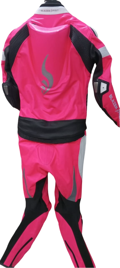 Clearance SUPER Moto Malibu Vibes Lady Racer Leather Track Suit in Premium Pink leather Kevlar Stretch Joint