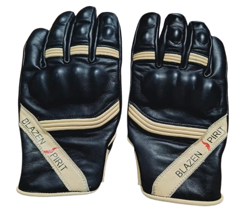 Premium Black Beige Leather Kevlar Lined, branded Blazen Spirit rain resistant riding glove