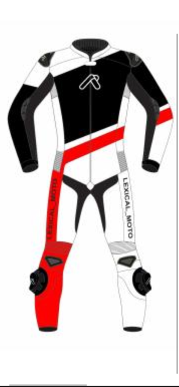 Custom SUPER Moto Lady Racer Suit in Premium leather, up to 3 colors, 2 patterns, 4 patches, and 10 bling rhinestones