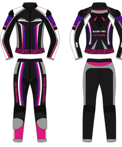 Custom SUPER Moto Lady Racer Suit in Premium leather, up to 3 colors, 2 patterns, 4 patches, and 10 bling rhinestones