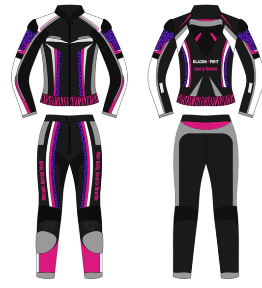 Custom SUPER Moto Lady Racer Suit in Premium leather, up to 3 colors, 2 patterns, 4 patches, and 10 bling rhinestones
