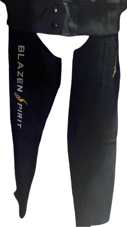 Black Canvas Chaps Blazen Spirit with inner Kevlar liner, lower snaps and adjusting belt