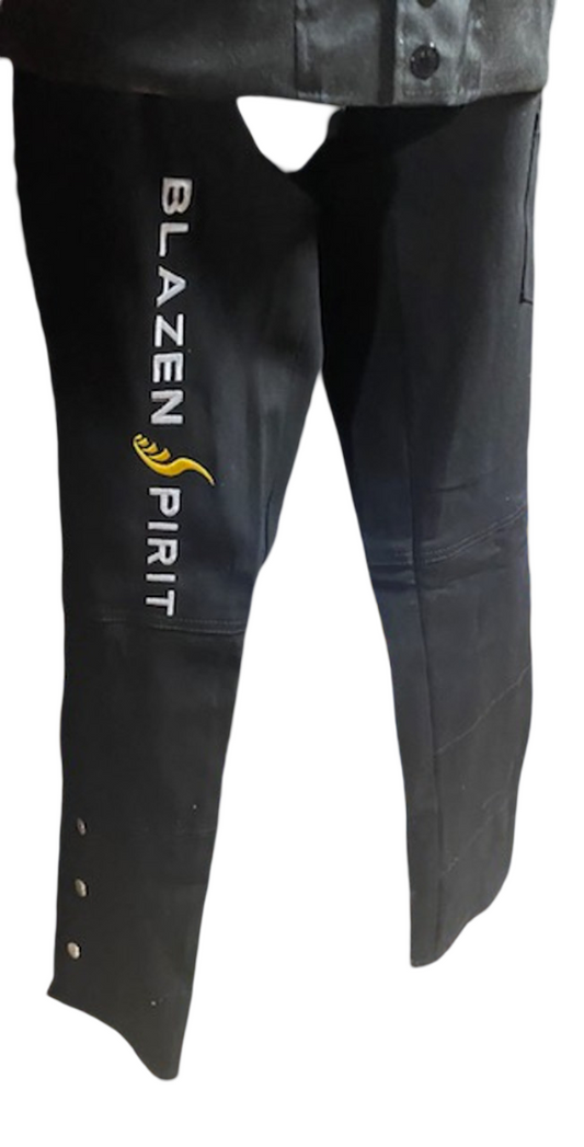 Black Canvas Chaps Blazen Spirit with inner Kevlar liner, lower snaps and adjusting belt