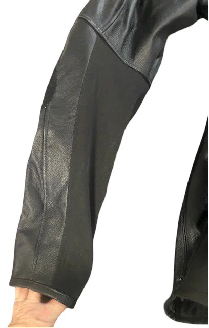 SUPER Moto Lady Racer  Suit in Premium Black leather, Red and white accents.
