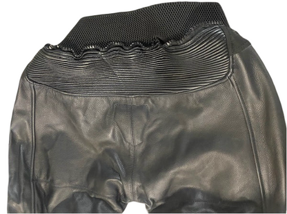 SUPER Moto Lady Racer  Suit in Premium Black leather, Red and white accents.