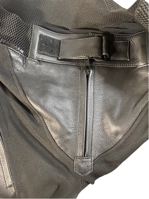 SUPER Moto Lady Racer  Suit in Premium Black leather, Red and white accents.