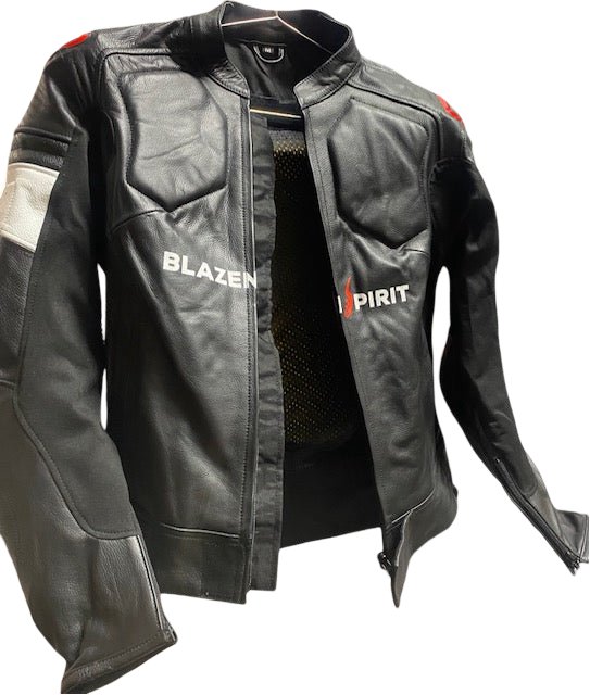 SUPER Moto Lady Racer  Suit in Premium Black leather, Red and white accents.