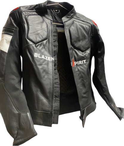 SUPER Moto Lady Racer  Suit in Premium Black leather, Red and white accents.