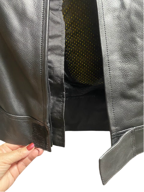 SUPER Moto Lady Racer  Suit in Premium Black leather, Red and white accents.