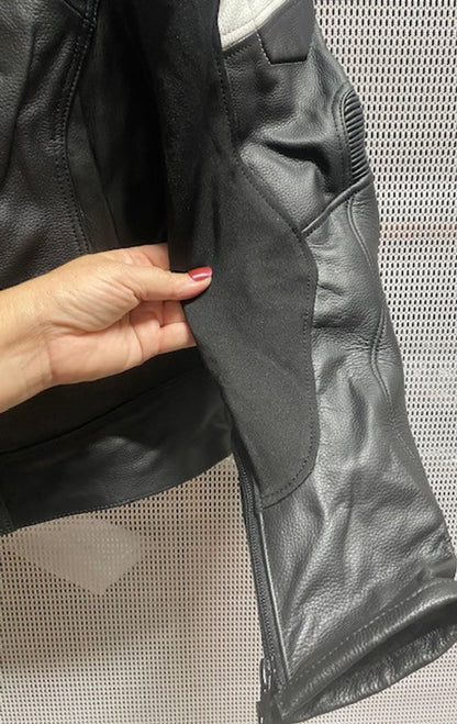 Custom SUPER Moto Lady Racer Suit in Premium leather, up to 3 colors, 2 patterns, 4 patches, and 10 bling rhinestones