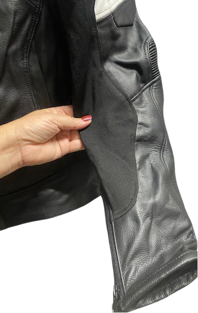 SUPER Moto Lady Racer  Suit in Premium Black leather, Red and white accents.