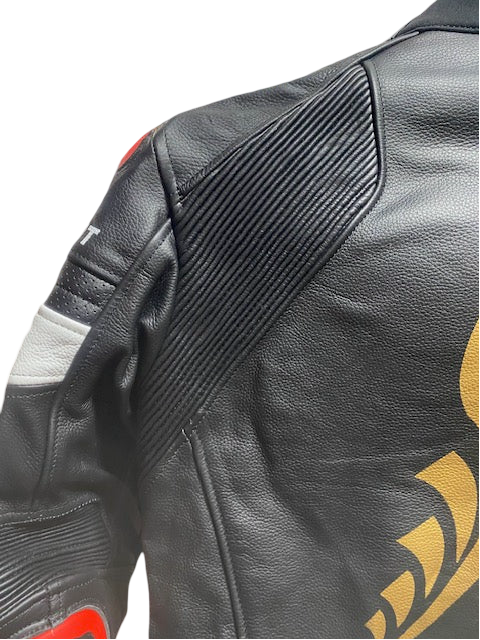 SUPER Moto Lady Racer  Suit in Premium Black leather, Red and white accents.