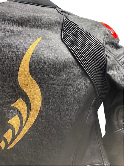 SUPER Moto Lady Racer  Suit in Premium Black leather, Red and white accents.