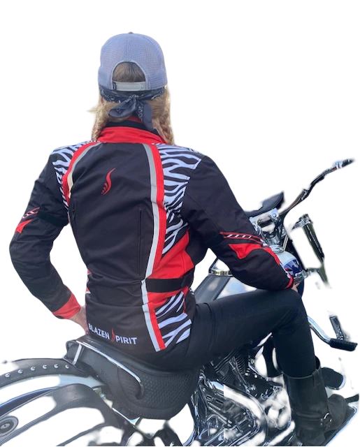 Blazen Spirit Signature  "Zara" Textile All Weather Jacket Red Black White Zebra Print (Lady Rider, Stylish Motorcycle Jacket)