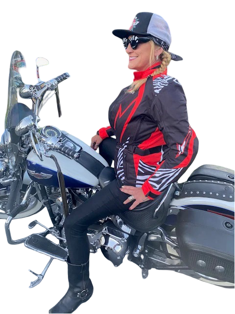 Blazen Spirit Signature  "Zara" Textile All Weather Jacket Red Black White Zebra Print (Lady Rider, Stylish Motorcycle Jacket)