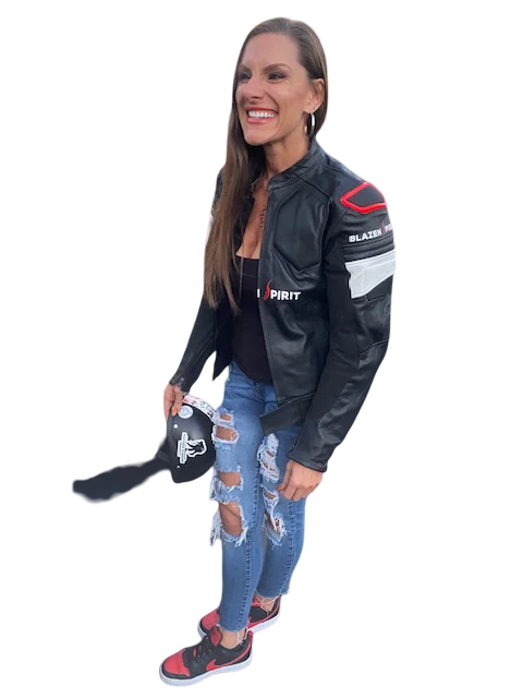 SUPER Moto Lady Racer  Suit in Premium Black leather, Red and white accents.