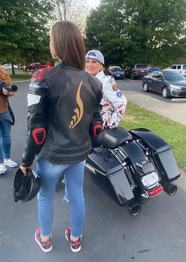 Custom SUPER Moto Lady Racer Suit in Premium leather, up to 3 colors, 2 patterns, 4 patches, and 10 bling rhinestones