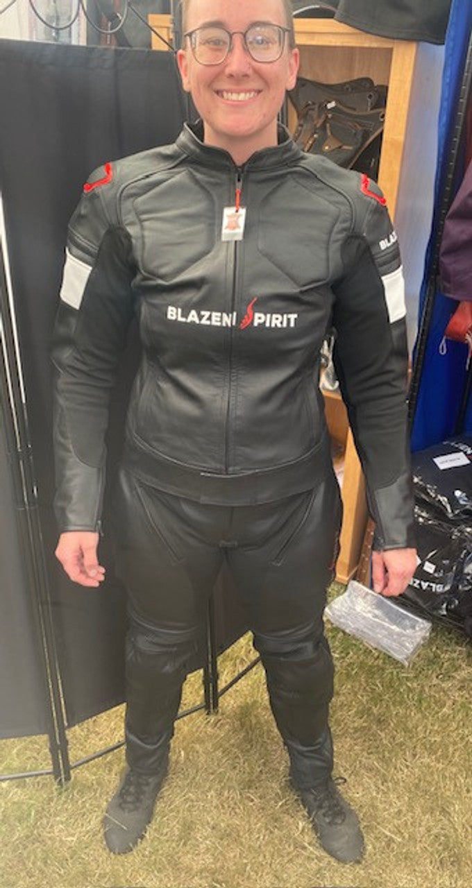 Custom SUPER Moto Lady Racer Suit in Premium leather, up to 3 colors, 2 patterns, 4 patches, and 10 bling rhinestones