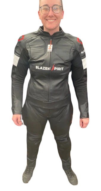 SUPER Moto Lady Racer  Suit in Premium Black leather, Red and white accents.