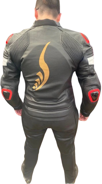 SUPER Moto Lady Racer  Suit in Premium Black leather, Red and white accents.