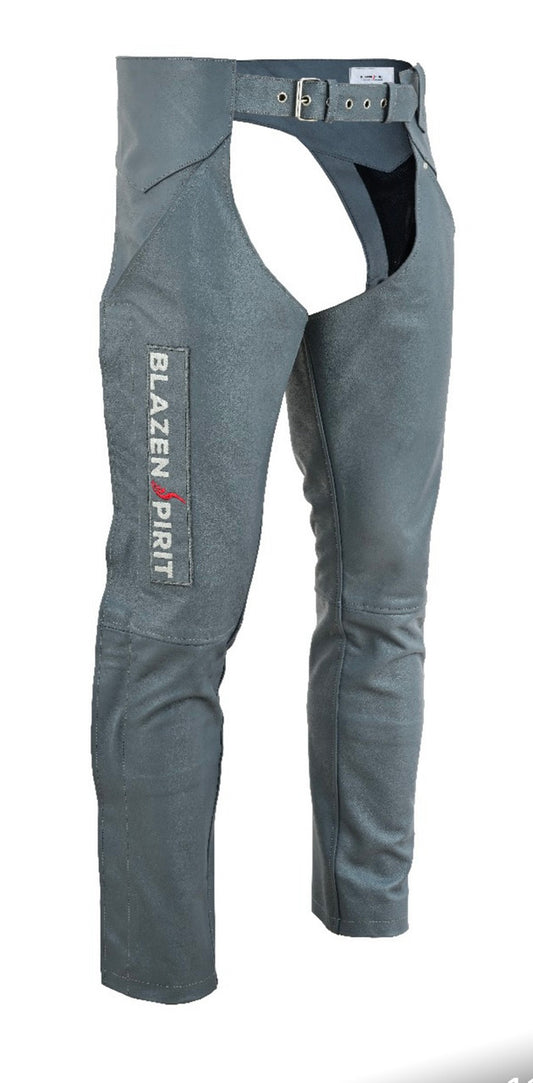 Springer Grey Premium Leather Chaps Blazen Spirit with inner liner, lower snaps and adjusting belt