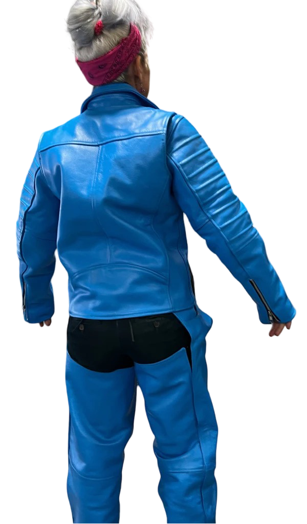 Leather Cruiser Chic Jacket & Chaps  Dark Red,  Ocean Blue, Dark Purple(CUSTOM Color available)