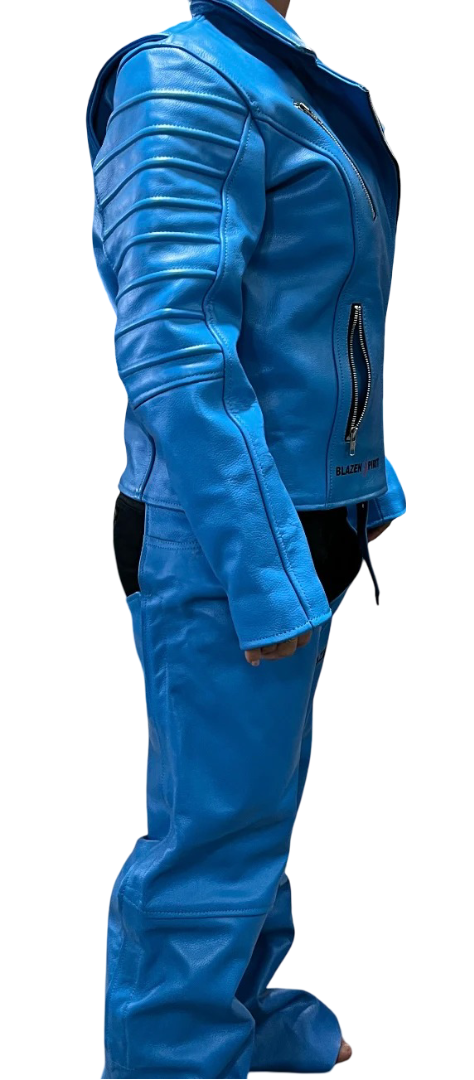 Leather Cruiser Chic Jacket & Chaps  Dark Red,  Ocean Blue, Dark Purple(CUSTOM Color available)