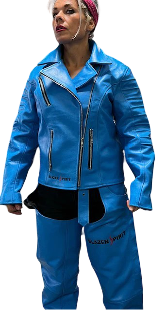 Leather Cruiser Chic Jacket & Chaps  Dark Red,  Ocean Blue, Dark Purple(CUSTOM Color available)