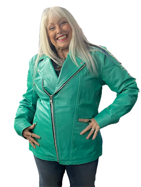 Blazen Spirit "Sleek Moves" Teal Green Lady Rider Leather Jacket Armor Gold Bling 3XL Moto