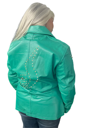 Blazen Spirit "Sleek Moves" Teal Green Lady Rider Leather Jacket Armor Gold Bling 3XL Moto