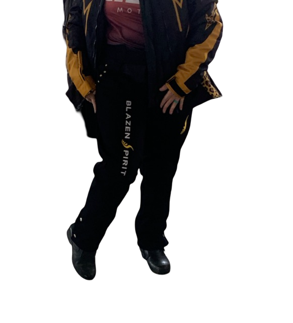 Black Canvas Chaps Blazen Spirit with inner Kevlar liner, lower snaps and adjusting belt