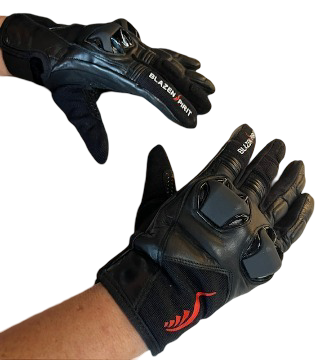 Blazen Spirit Leather / Mesh Textile Gloves, with protective guard/vent feature and silicone print for strong grip. Black with red/white brand accents. Leather for durability, nylon mesh for comfort in the summer