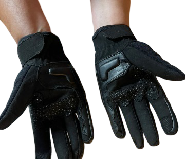Blazen Spirit Leather / Mesh Textile Gloves, with protective guard/vent feature and silicone print for strong grip. Black with red/white brand accents. Leather for durability, nylon mesh for comfort in the summer