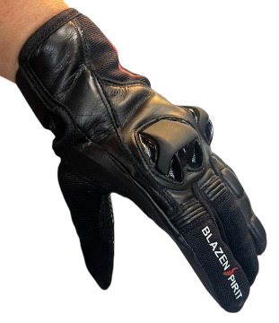Blazen Spirit Leather / Mesh Textile Gloves, with protective guard/vent feature and silicone print for strong grip. Black with red/white brand accents. Leather for durability, nylon mesh for comfort in the summer