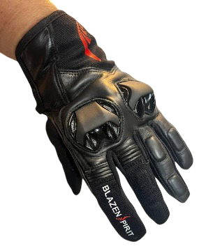 Blazen Spirit Leather / Mesh Textile Gloves, with protective guard/vent feature and silicone print for strong grip. Black with red/white brand accents. Leather for durability, nylon mesh for comfort in the summer