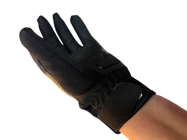 Blazen Spirit Leather / Mesh Textile Gloves, with protective guard/vent feature and silicone print for strong grip. Black with red/white brand accents. Leather for durability, nylon mesh for comfort in the summer