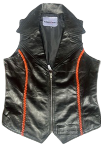 2 piece leather vest short set Black Lamb Skin with Orange Leather Braiding