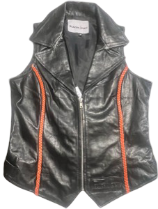 2 piece leather vest short set Black Lamb Skin with Orange Leather Braiding