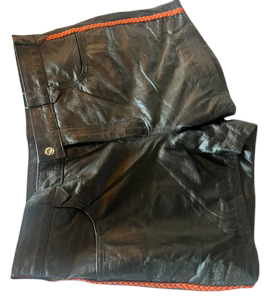 2 piece leather vest short set Black Lamb Skin with Orange Leather Braiding