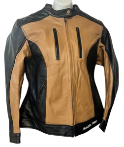 Black Premium Leather Jacket with Tan Leather Accents, Upper Vents, zip out liner with Level 2 Guards